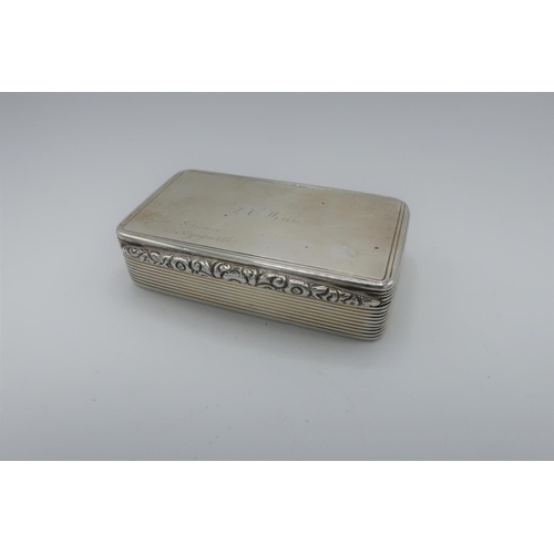 105 - Edwardian silver hallmarked rectangular snuff box with reeded body, plain hinged top engraved J.C Wi... 