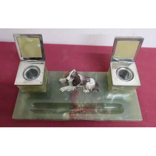 67 - 20th C green polished rectangular green onyx ink stand, two square wells with hinged lids, central s... 