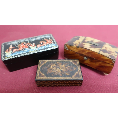 73 - Small Victorian Tunbridge ware decorated stamp box (5.5cm x 3.25cm); a Victorian dome topped tortois... 