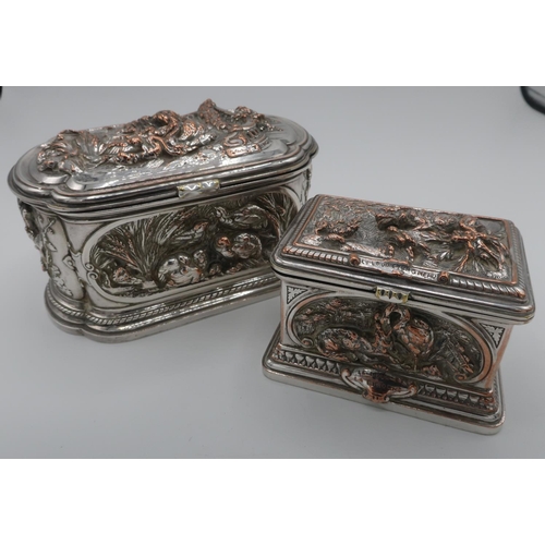 90 - Early 20th C rounded rectangular Electrotype jewellery casket, cast with fox and game birds, after T... 