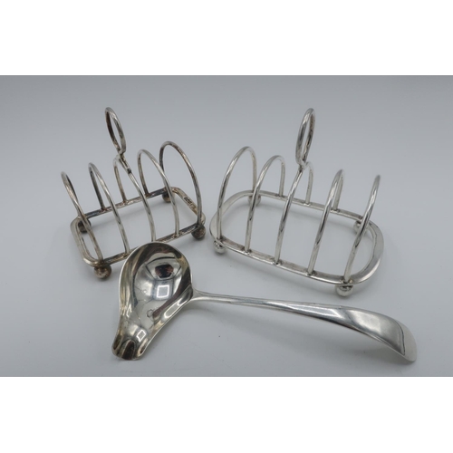 96 - Hallmarked silver five bar toast rack, Sheffield 1930 by Atkin Brothers (L.7cm), another Birmingham ... 