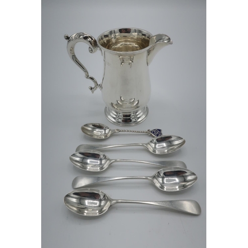 97 - Geo. lll style hallmarked silver cream jug with S scroll handle, London 1911, four variously hallmar... 