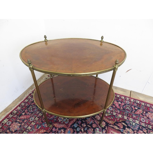 110 - Regency style brass gueridon table two cross-banded oval tiers on turned supports with pineapple fin... 