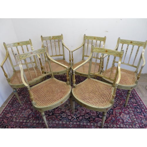 115 - Set of six Edwardian cane seat open armchairs, painted in Sheraton Revival style with hare bells and... 