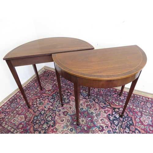 116 - Pair of George III style rosewood cross-banded and satinwood outlined mahogany D shaped side tables,... 