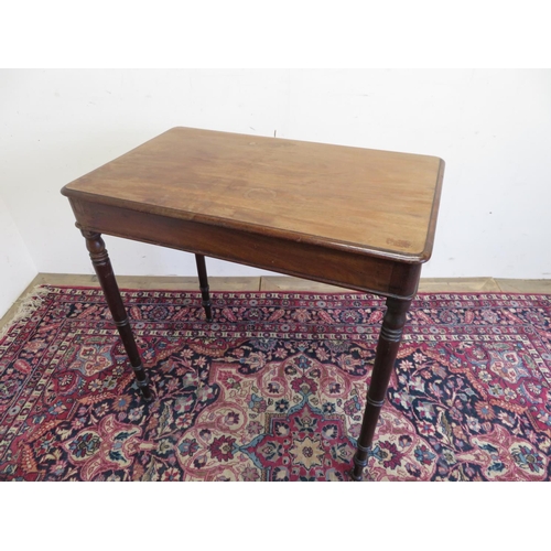 117 - Victorian mahogany rectangular centre table with moulded top on ring turned tapering supports (W73cm... 