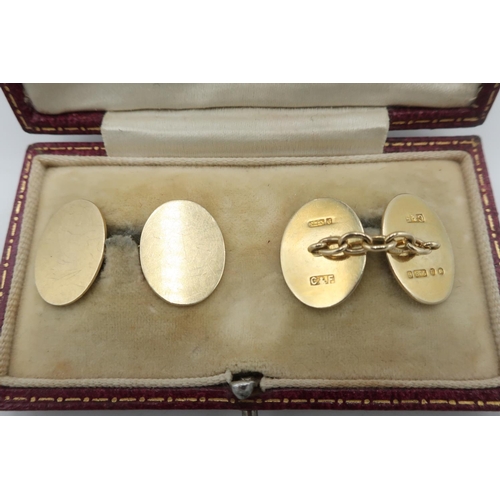 101 - Pair of 9ct gold hallmarked plain oval cuff-links, in Mappin & Webb box, 5.6g