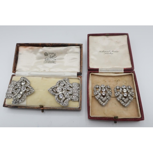 103 - Pair of Continental silver hallmarked paste set clips, stamped 935 in fitted case and a brooch clip ... 