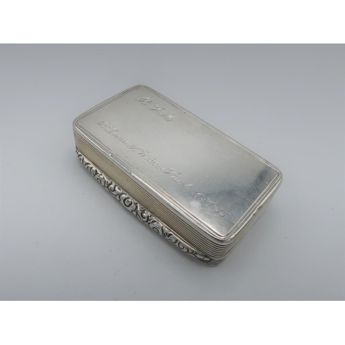 105 - Edwardian silver hallmarked rectangular snuff box with reeded body, plain hinged top engraved J.C Wi... 