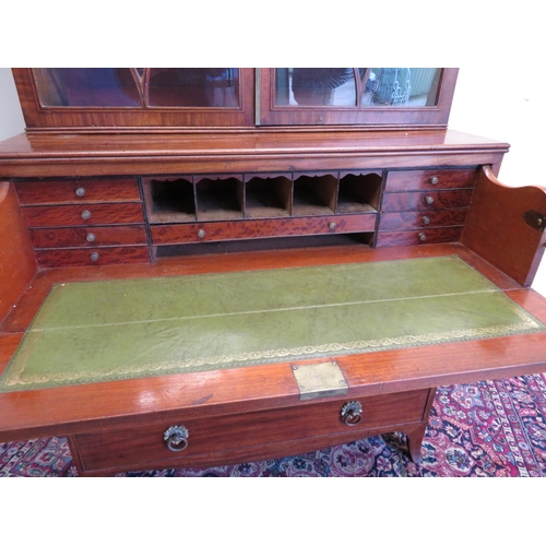 112 - Regency mahogany secretaire bookcase, draught turned moulded scrolled cornice above a pair of astrag... 