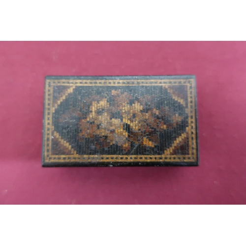 73 - Small Victorian Tunbridge ware decorated stamp box (5.5cm x 3.25cm); a Victorian dome topped tortois... 