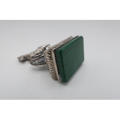 89 - Sterling silver desk seal in the form of a rocking horse on a rectangular plinth with malachite base... 