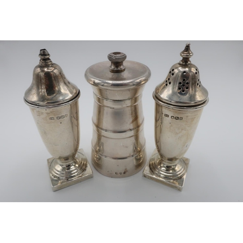 93 - Modern silver hallmarked silver pepper mill in the form of a milk churn, H9.5cm London 1965, a pair ... 