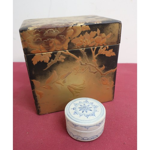 74 - Japanese lacquer rectangular tea caddy, decorated in relief and gold with trailing foliage and leafa... 