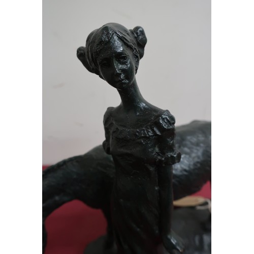 81 - Mid 20th C patinated bronze model of a young girl with a pony, on a naturalistic rectangular base (W... 