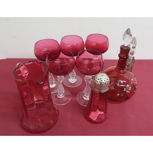 84 - Ruby glass mallet shaped decanter, the body painted with flowers, clear glass handle and stopper (H2... 