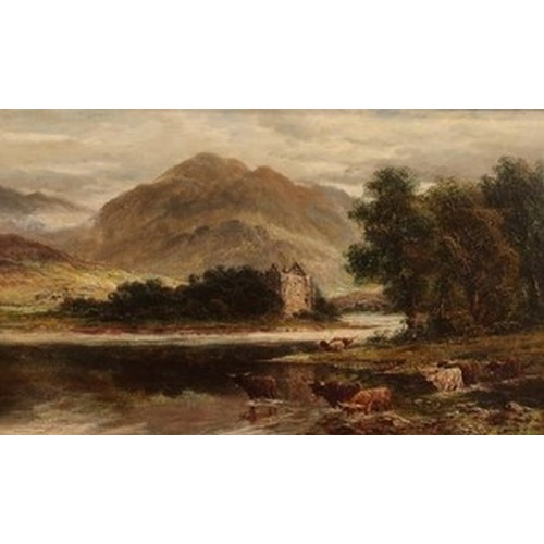 34 - Scottish School (19th C): 'Eilaan Donan Loch Lomond', Highland Cattle with castle in a landscape, oi... 