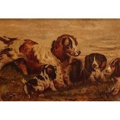 39 - G.? Summerville (late 20th C): Cocker Spaniel with three puppies, oil on canvas, signed, 19cm x 27cm