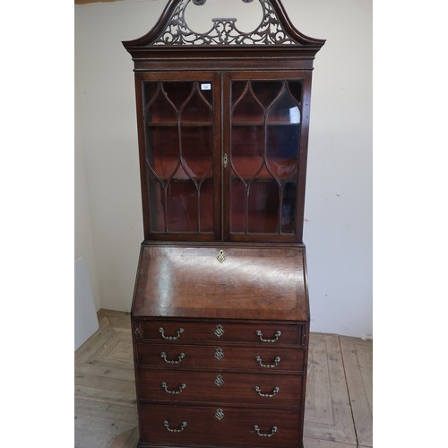 314 - Small George III style mahogany bureau bookcase, pierced swan neck pediment a astragal glazed doors ... 