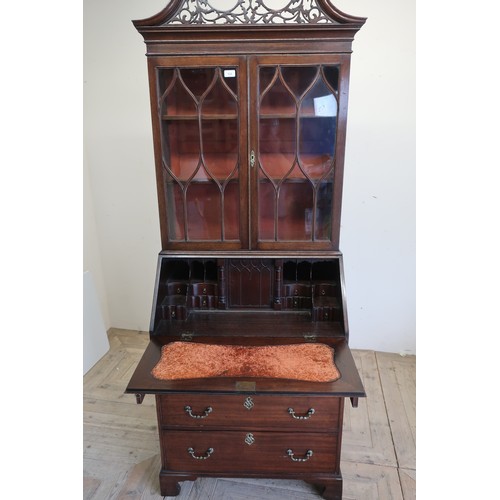 314 - Small George III style mahogany bureau bookcase, pierced swan neck pediment a astragal glazed doors ... 