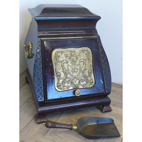 318 - Unusual Victorian walnut caddy top coal box, slope fall front with an inset brass panel and two bras... 