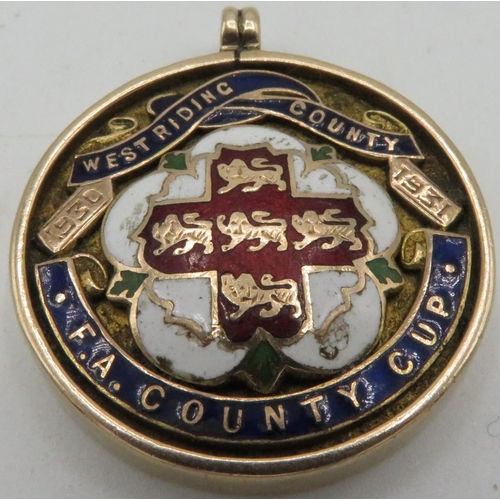 18 - 9ct gold hallmarked and enamelled West Riding County 1930-1931 F.A County Cup circular medallion, (2... 