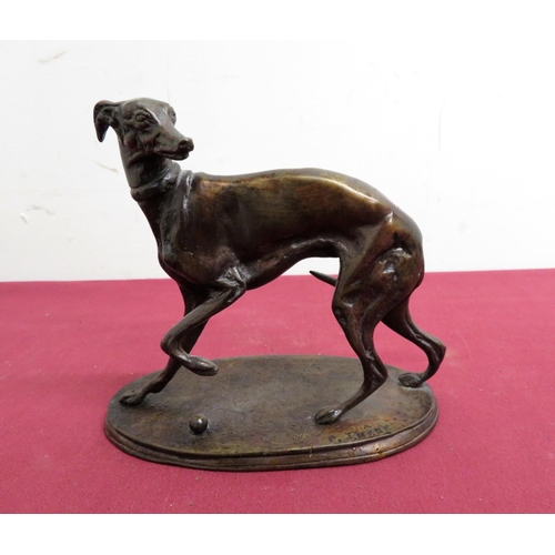 301 - A bronze figure of lurcher type dog on oval base after Mene, the base marked P.J.Mene (H13.5cm)