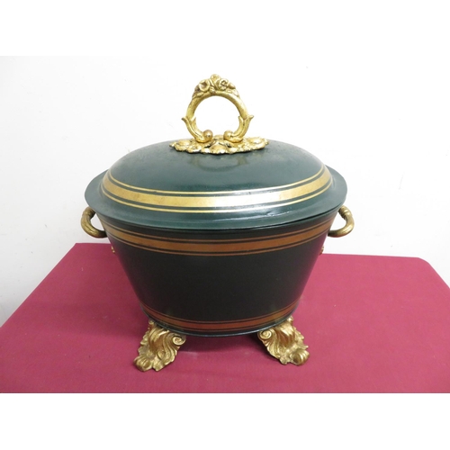 302 - Victorian green Toleware oval coal bin with lift up top and twin carrying handles, with internal lin... 