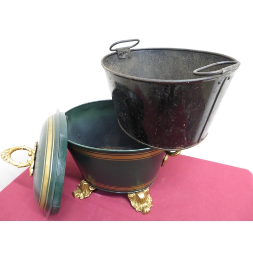 302 - Victorian green Toleware oval coal bin with lift up top and twin carrying handles, with internal lin... 