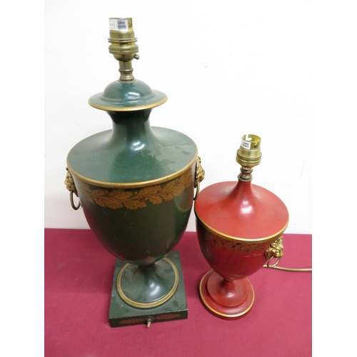 303 - Green and gilt Toleware urn shaped table lamp on square base and lion mask handles (45cm high), and ... 