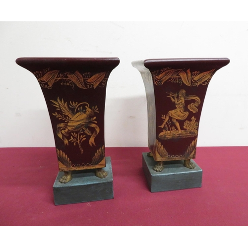 304 - Pair of burgundy Toleware vases of square tapering form with gilt pen work decoration, on gilt metal... 