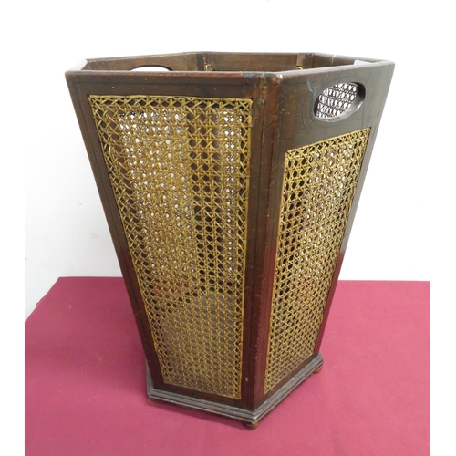 309 - Early 20th C mahogany and ebony inlaid waste paper basket on bun feet, with cane work mesh panels (4... 