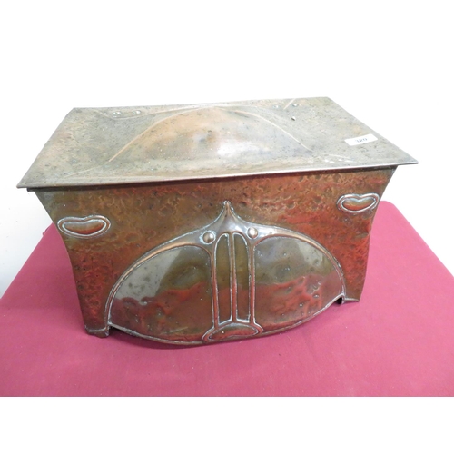 320 - Art Nouveau copper rectangular coal box with hinged top, twin carrying handles and hammered and conv... 