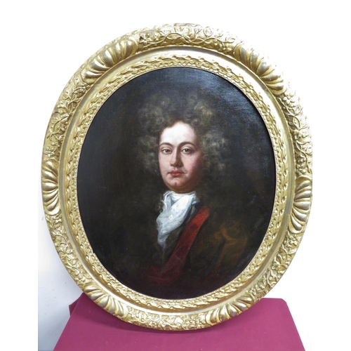 335 - English School (early 19th C): head and shoulder portrait of a young gentleman with red collar coat ... 