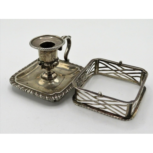 337 - Victorian hallmarked silver square chamber candlestick and sconce, with gadrooned edges, London 1859... 