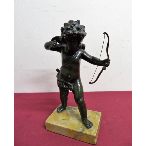 339 - Bronze figure of a cupid mounted on rectangular Sienna  marble base (H21cm)