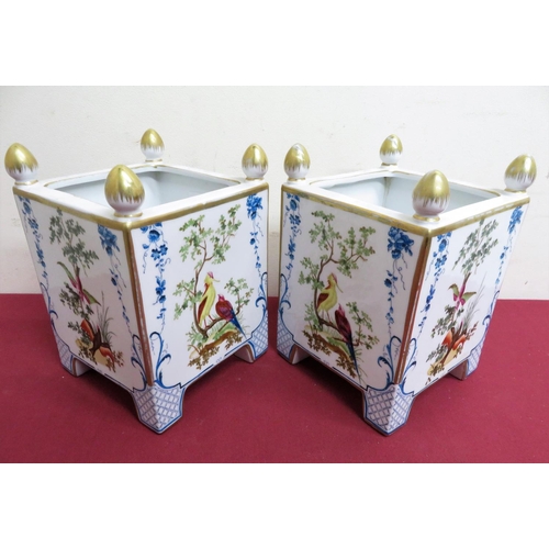 341 - Pair of continental porcelain Versailles style planters of square form and tapering finials, each pa... 