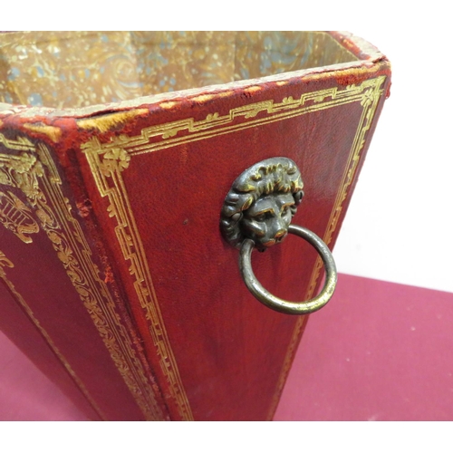 342 - Red and gilt tooled leather wastepaper bin with lion mask handle and central rampant lion detail, wi... 