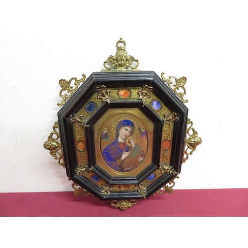 345 - Late 19th C Italian religious porcelain panel depicting Virgin Mary and Christ border inset with ova... 