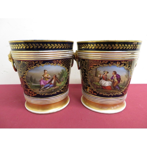 348 - Pair of continental porcelain jardinieres with blue ground and gilt details, lion mark handles, pain... 