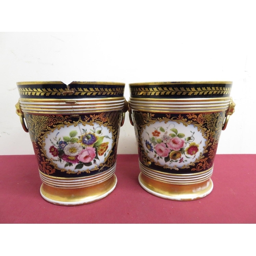 348 - Pair of continental porcelain jardinieres with blue ground and gilt details, lion mark handles, pain... 