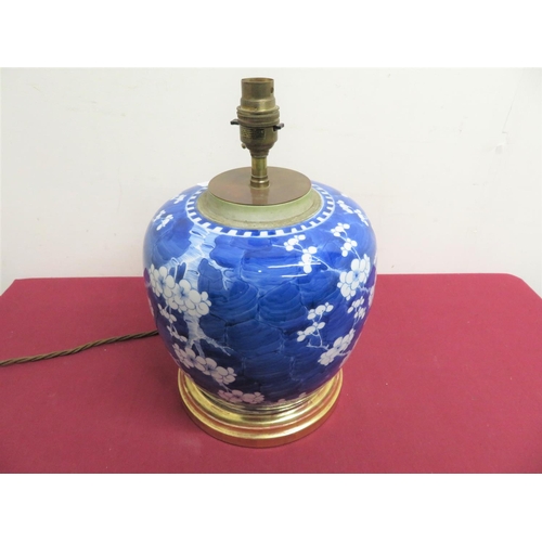 349 - Oriental blue and white Prunus blossom pattern ginger jar converted into table lamp, with circular g... 