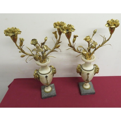 351 - Pair of gilt metal and onyx urn shaped twin branched candelabra on square marble base, with goat mas... 