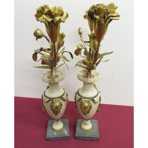 351 - Pair of gilt metal and onyx urn shaped twin branched candelabra on square marble base, with goat mas... 