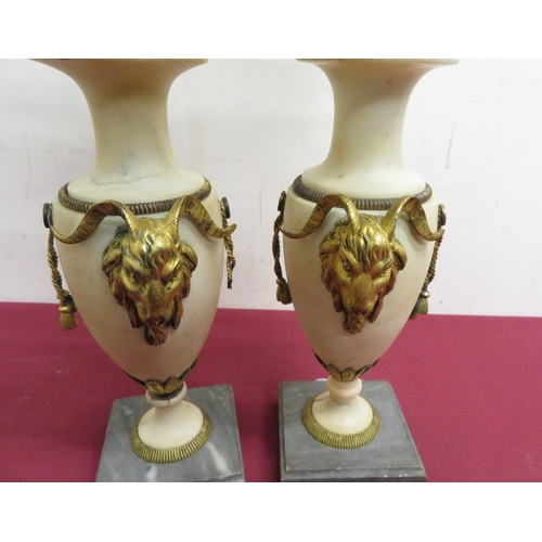 351 - Pair of gilt metal and onyx urn shaped twin branched candelabra on square marble base, with goat mas... 