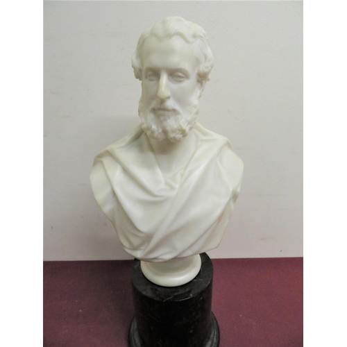 355 - Carved alabaster bust of Lord Albert Gower marked Noble SC, on circular marble pedestal base (H37.5c... 