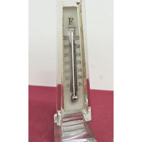 358 - Clear glass obelisk (H15.5cm) with  inset thermometer with a pair 19th C glass square form bottles w... 