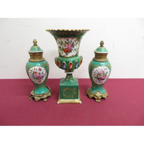 347 - Pair of continental porcelain and gilt metal mounted vases with green bodies, gilt detail and floral... 