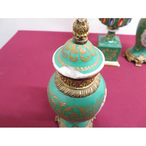 347 - Pair of continental porcelain and gilt metal mounted vases with green bodies, gilt detail and floral... 