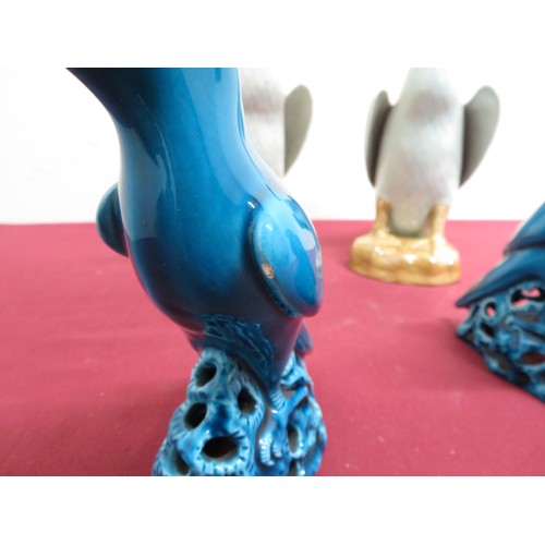 356 - Large pair of Chinese ceramic ducks (H26cm) and a pair of blue glazed parakeets (H16.5cm)